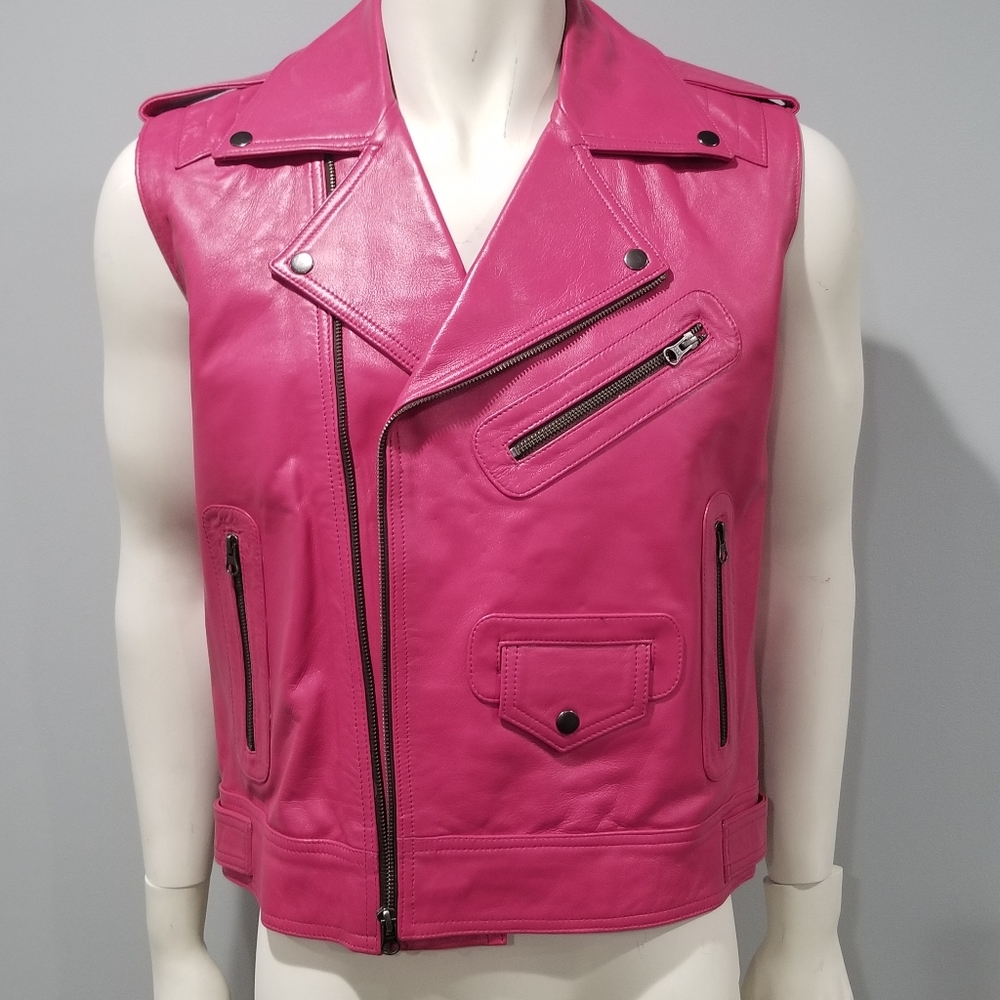 Mens Custom Pink Real Leather Motorcycle Vest